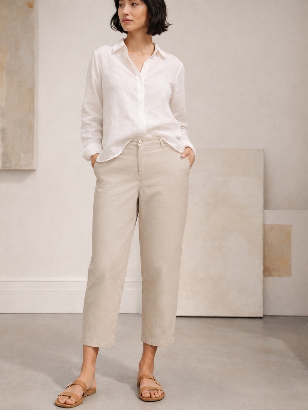 EILEEN FISHER OFF WHITE COTTON CANVAS CROPPED PANT SIZE 12